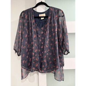 Stitch Knot Women's Navy Blue Coral Dot Sheer Overlay 3/4 Sleeve Top Size S